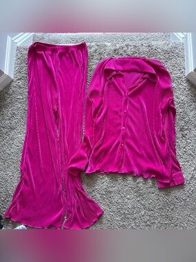 Amazon Hot Pink Pleated Button-Up Top and Wide Leg Pants Set